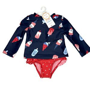 Carter’s Baby Navy Popsicle Rashguard & Red Ruffle Stars Bikini Swim Set 6M New!